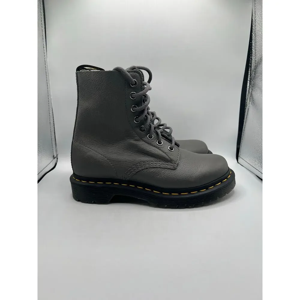 Dr. Martens Gray Leather Combat Boots Lace-Up Round Toe Womens Pebble leather
